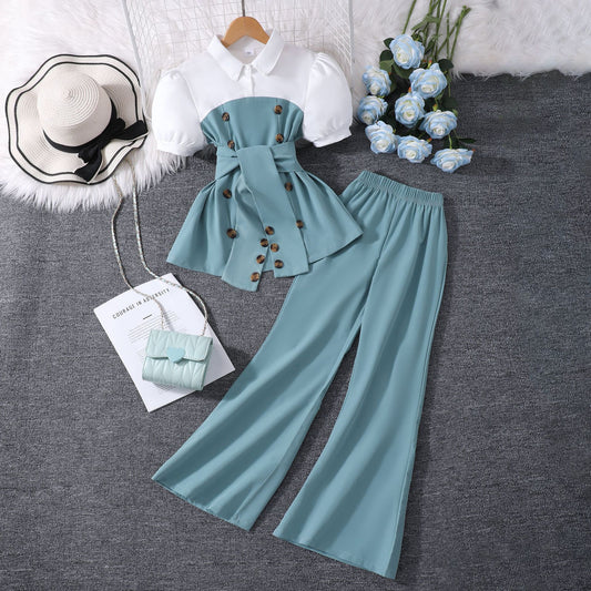 Patchwork Lapel Top And Wide Leg Flared Pants Set BB02