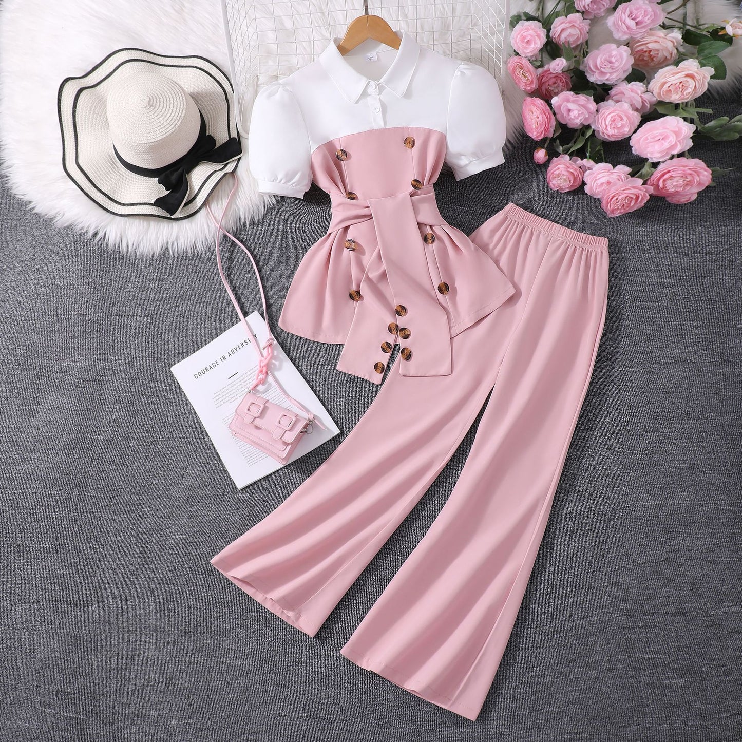 Patchwork Lapel Top And Wide Leg Flared Pants Set BB02