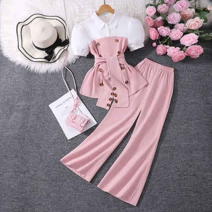 Patchwork Lapel Top And Wide Leg Flared Pants Set BB02
