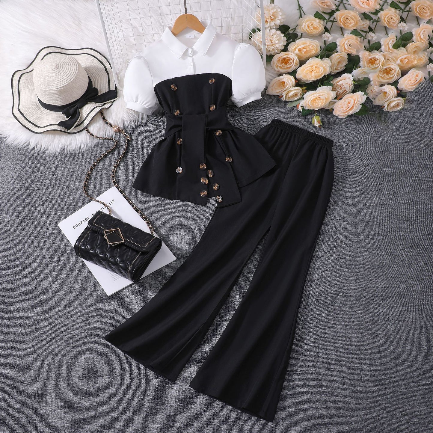 Patchwork Lapel Top And Wide Leg Flared Pants Set BB02