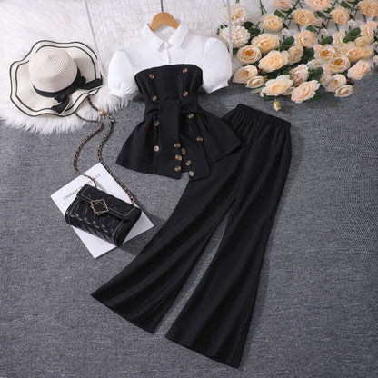 Patchwork Lapel Top And Wide Leg Flared Pants Set BB02