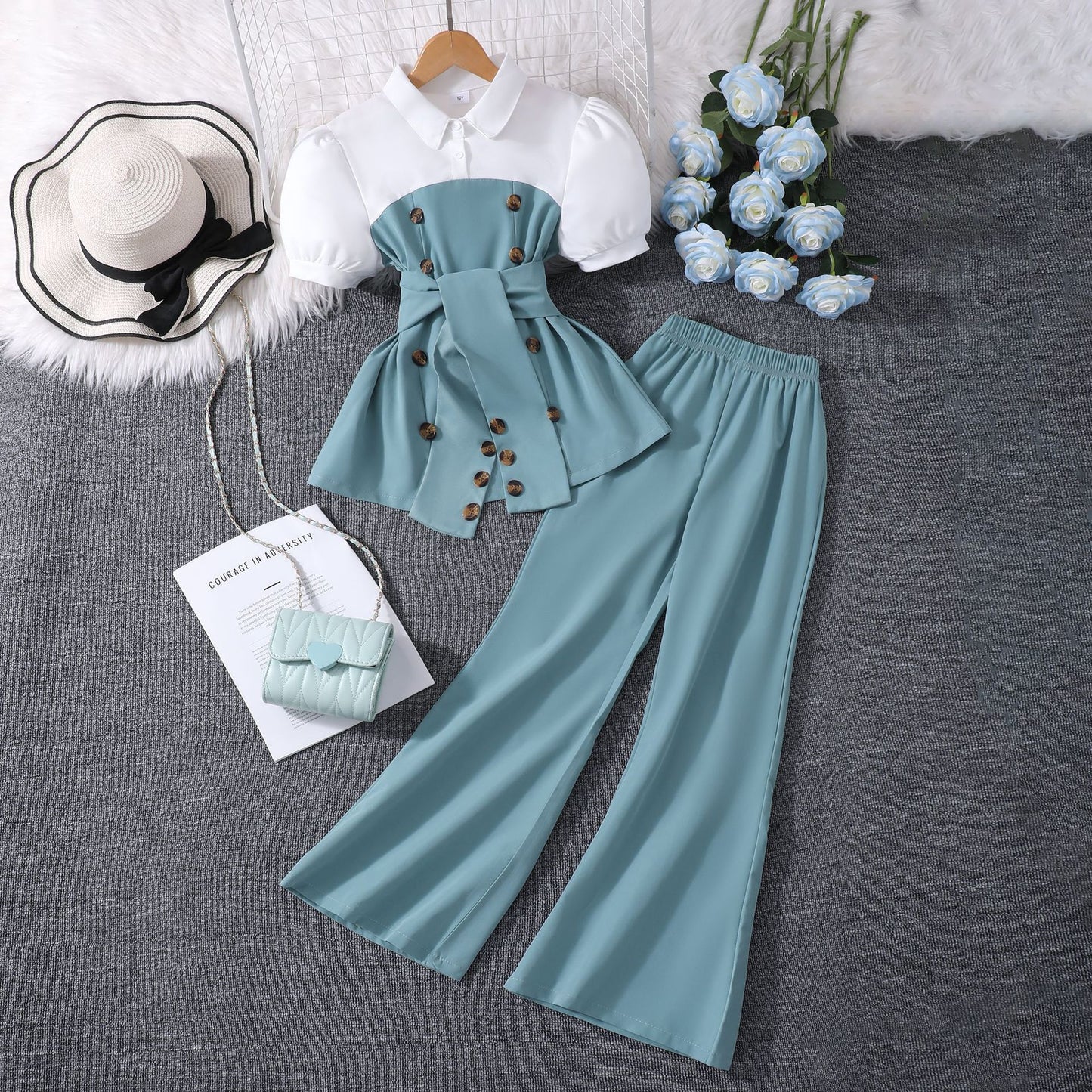 Patchwork Lapel Top And Wide Leg Flared Pants Set BB02