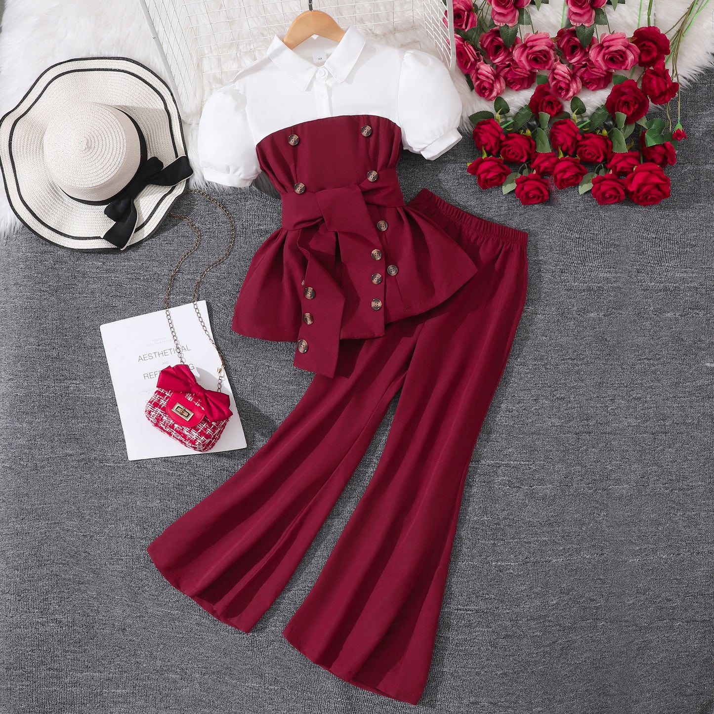 Patchwork Lapel Top And Wide Leg Flared Pants Set BB02