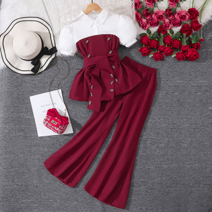 Patchwork Lapel Top And Wide Leg Flared Pants Set BB02