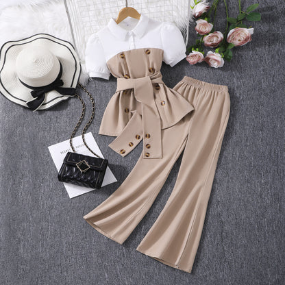 Patchwork Lapel Top And Wide Leg Flared Pants Set BB02
