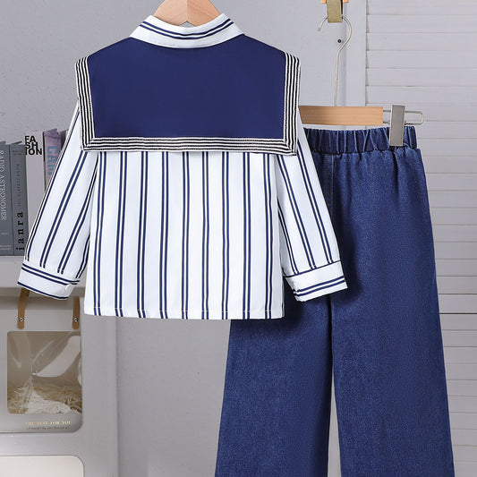 Stripesd Shirt Contrasting Shawl And Straight Jeans Three-Piece Set BB03